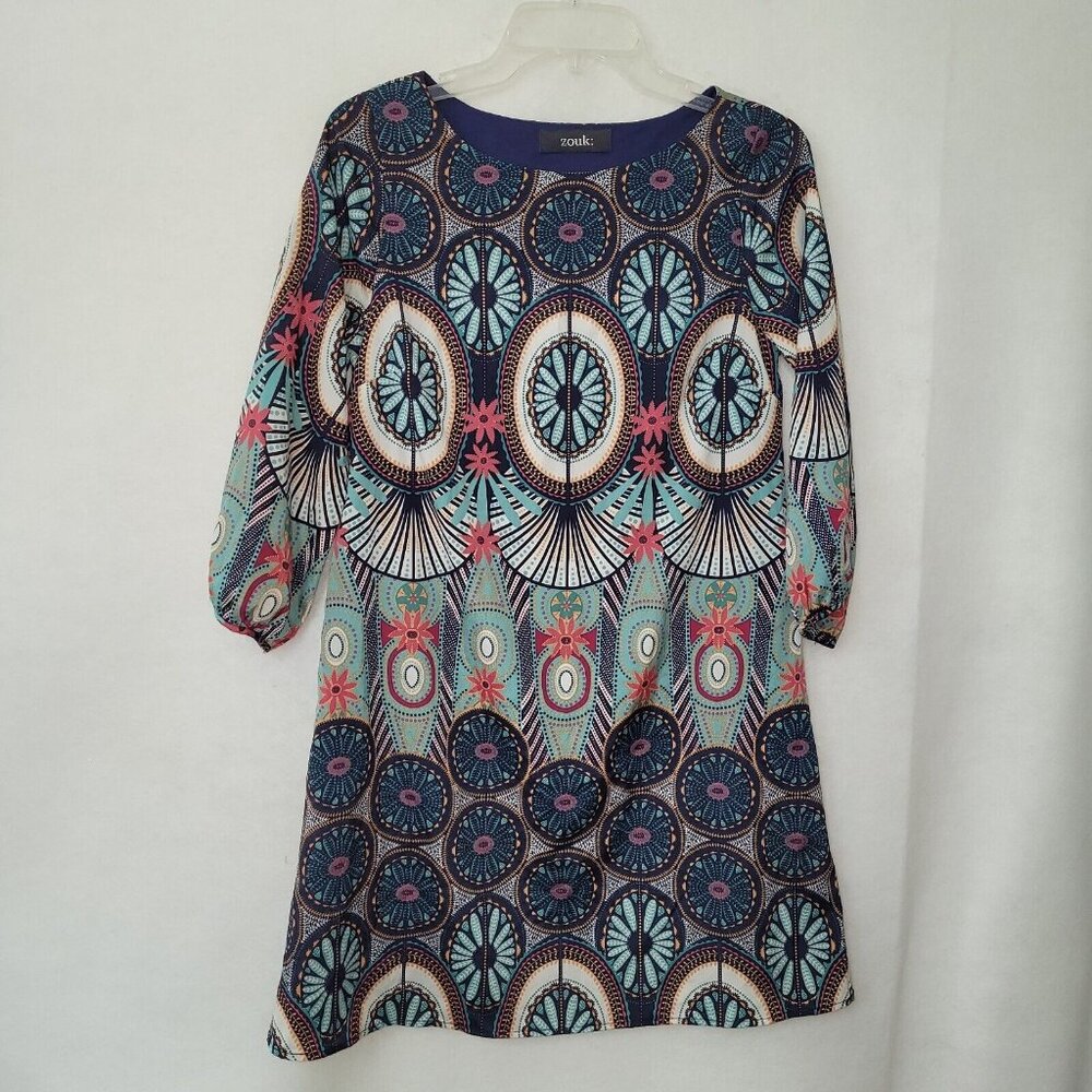 Zouk Dress XS Blue Geometric 3/4‎ Sleeve Lined A-Line